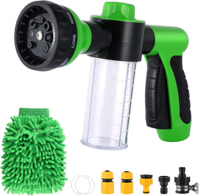 Pup Jet Dog Wash, 8 in 1 High Pressure Hose Spray Nozzle, Car Wash Brush Foam Cannon Gun, Hose Nozzle Foam Sprayer with Soap Dispenser for Showering Pet, Car Wash, Watering Lawns and Plants (Green)