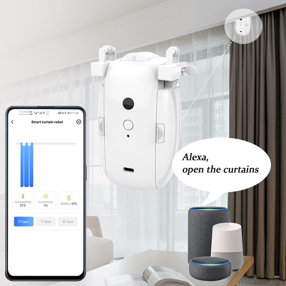 Smart Automatic Curtain Opener - Remote Control with App/Timer/Voice,Upgraded High-Performance Motor, Automatic Light Sensor, Add Gateways, for Google Alexa, No Remote (Only for Roman Rod)