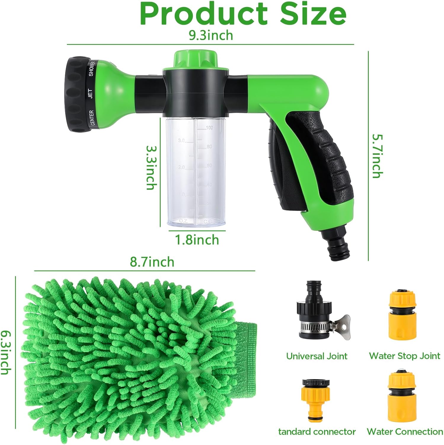 Pup Jet Dog Wash, 8 in 1 High Pressure Hose Spray Nozzle, Car Wash Brush Foam Cannon Gun, Hose Nozzle Foam Sprayer with Soap Dispenser for Showering Pet, Car Wash, Watering Lawns and Plants (Green)