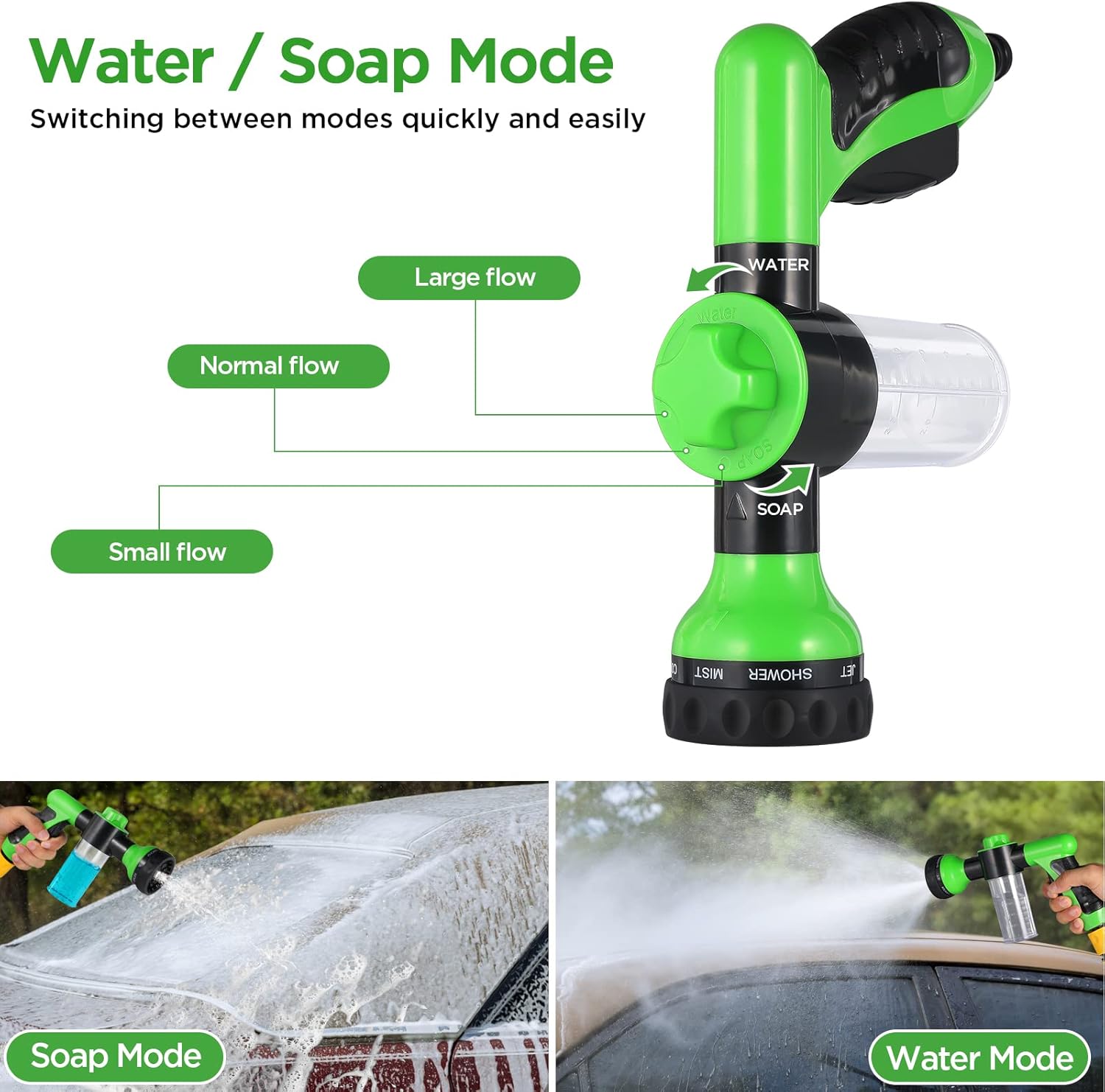 Pup Jet Dog Wash, 8 in 1 High Pressure Hose Spray Nozzle, Car Wash Brush Foam Cannon Gun, Hose Nozzle Foam Sprayer with Soap Dispenser for Showering Pet, Car Wash, Watering Lawns and Plants (Green)