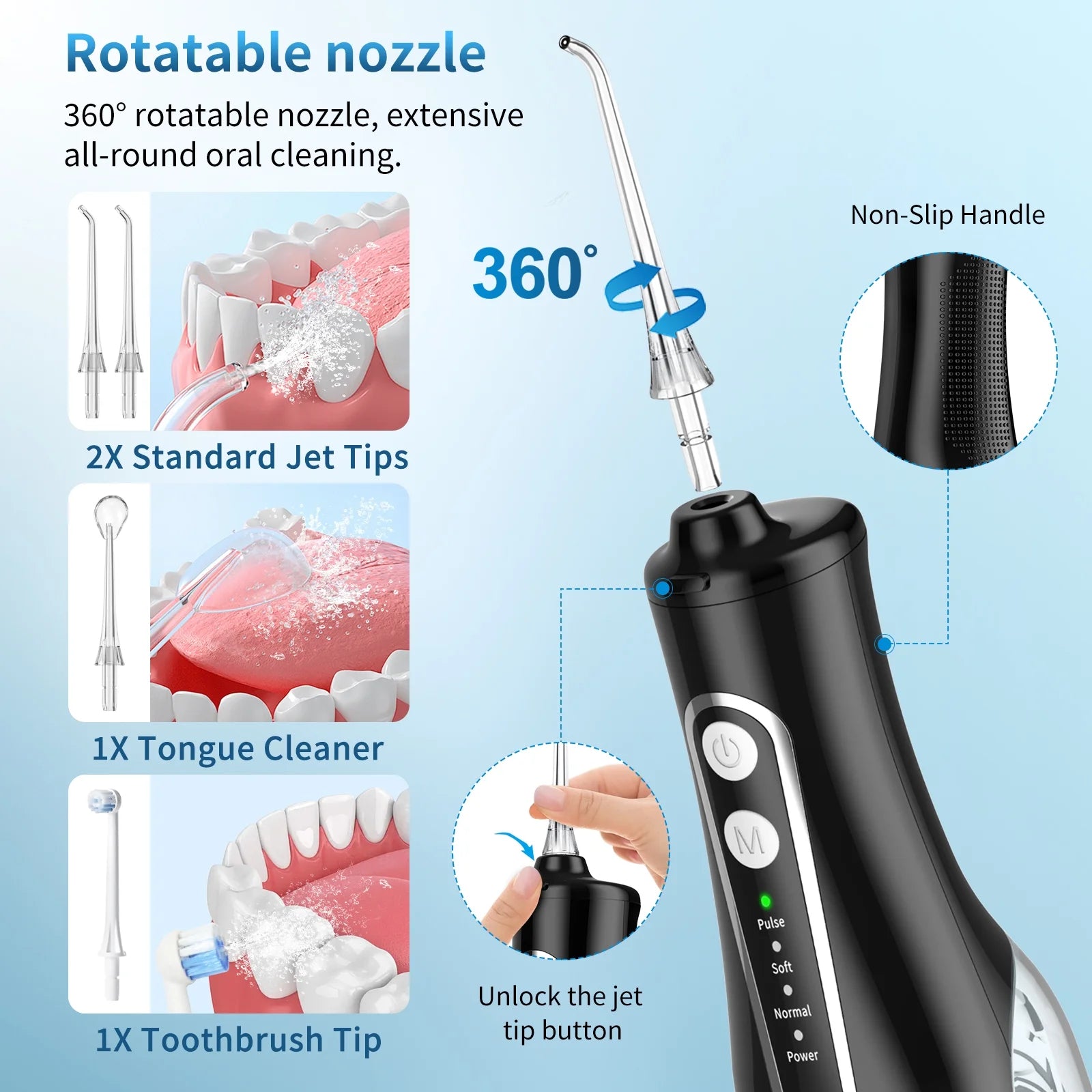 Cordless Water Flosser, Portable Dental Teeth Cleaner, 300ML Tank Rechargeable Dental Oral Irrigator for Home and Travel, 4 Modes 8 Jet Tips, IPX7 Waterproof