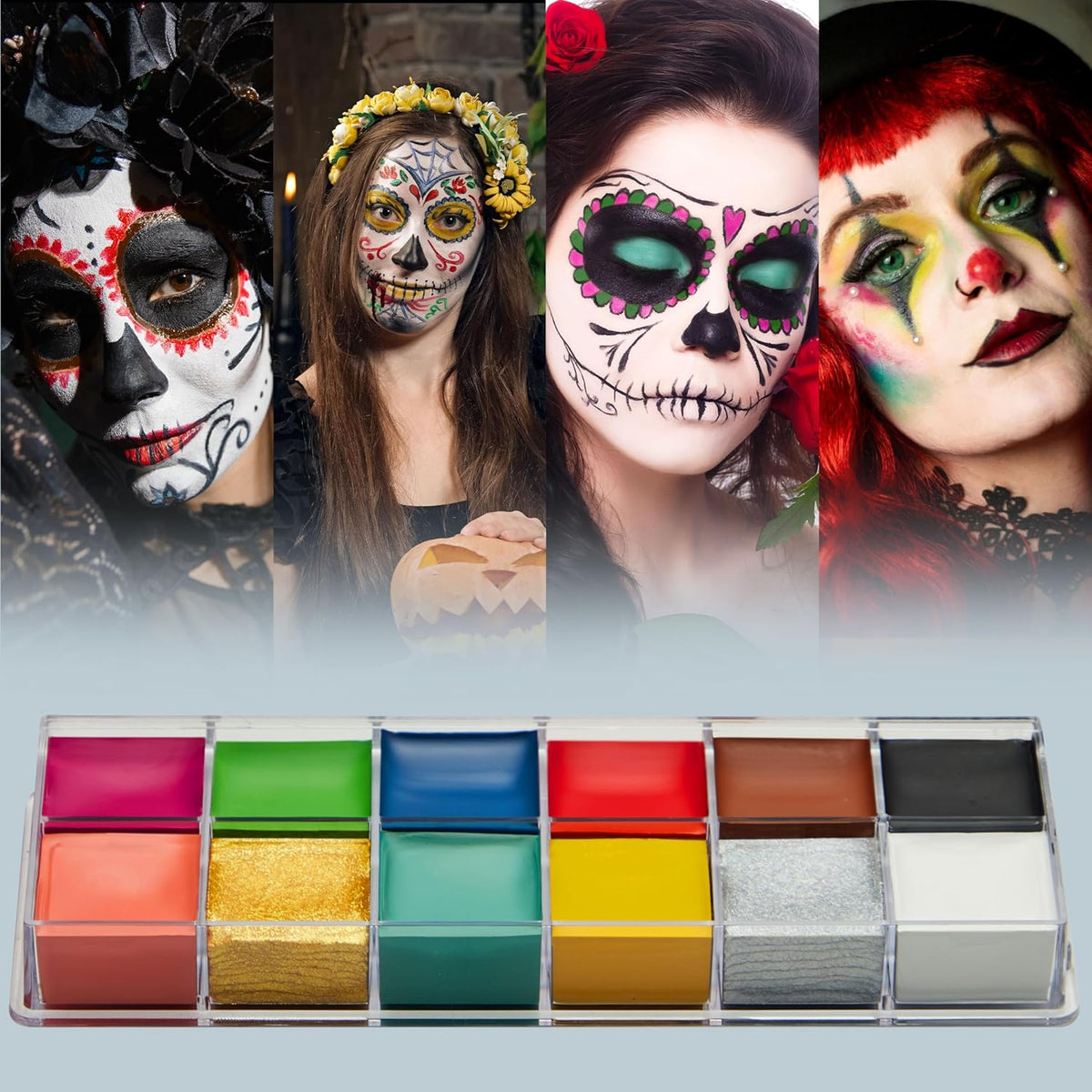 8 PCS Halloween Makeup Kit SFX Face Body Paint Set with Wound Scar Wax,12 Colors Face Paint Palette,Fake Blood,Spatula,Brushes for Halloween Costume,Zombie Makeup Dress Up