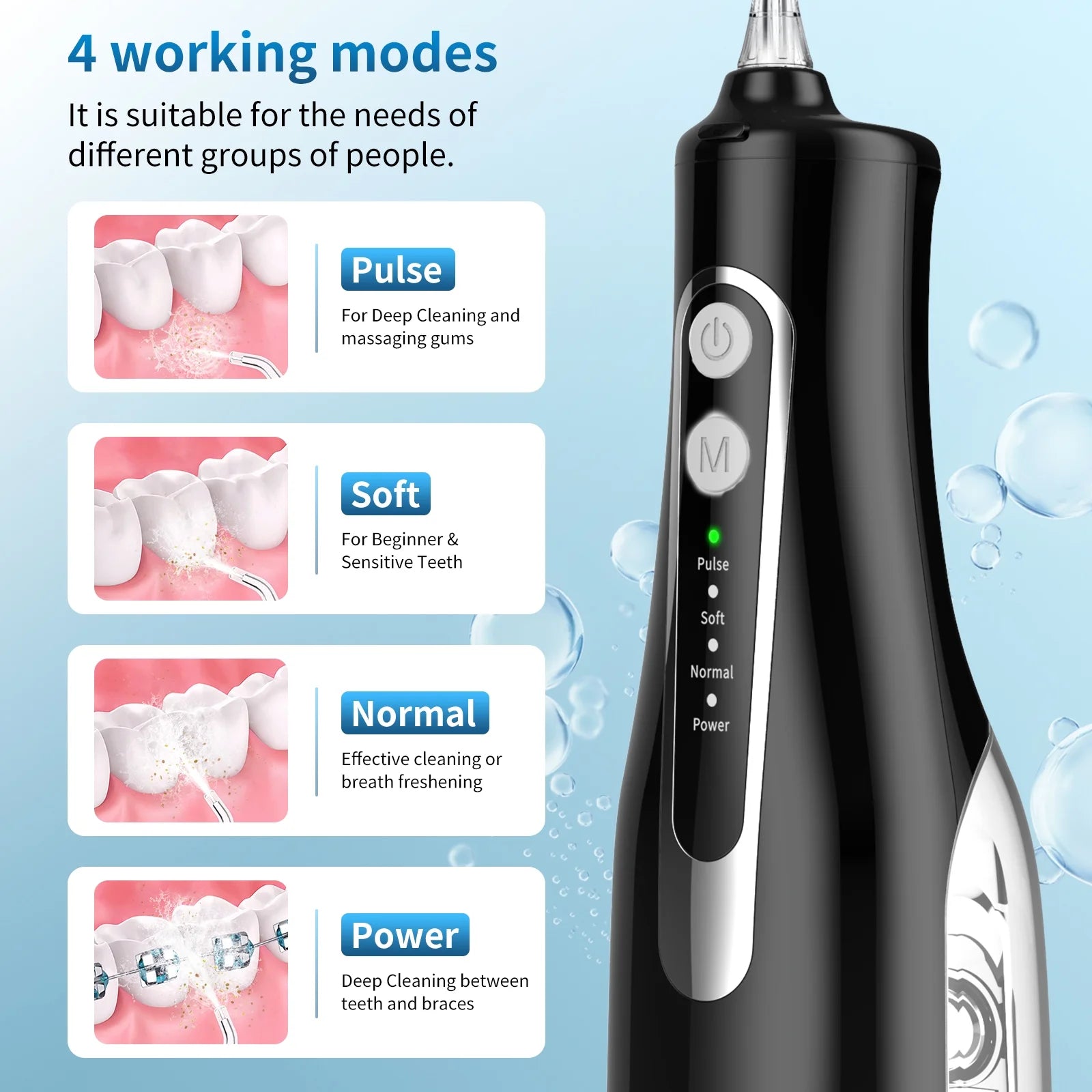 Cordless Water Flosser, Portable Dental Teeth Cleaner, 300ML Tank Rechargeable Dental Oral Irrigator for Home and Travel, 4 Modes 8 Jet Tips, IPX7 Waterproof